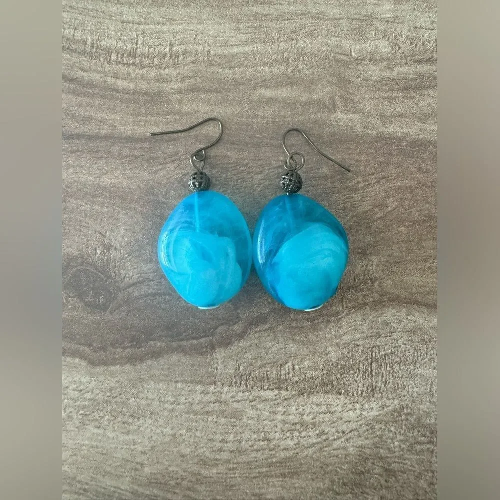 Vintage Dangle Drop Earrings Ocean Blue Wave Oval Glass Crystal 70s Modern Bold